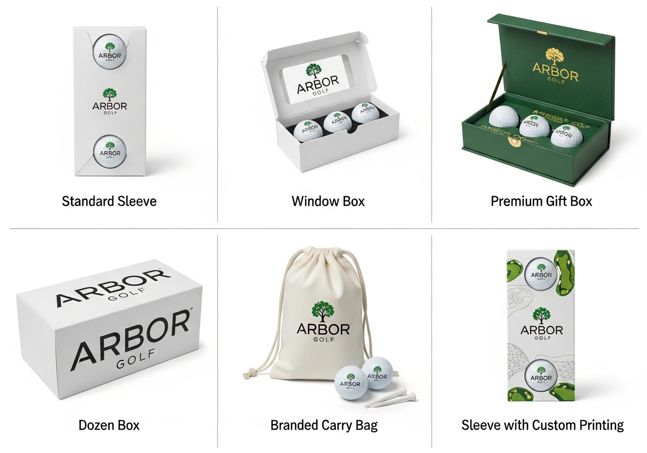 Custom golf ball packaging options grid showing standard sleeves branded dozen boxes and premium gift sets with accessories