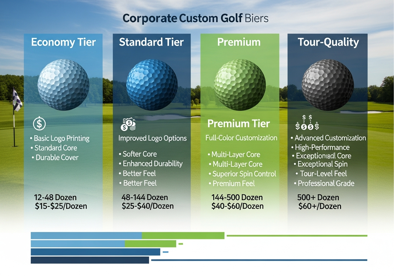 Corporate custom golf ball pricing tiers infographic showing volume discounts across value mid-range and premium ball models