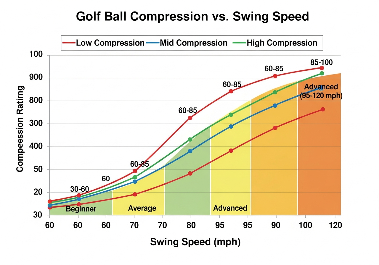 Compression and swing speed matching chart showing low mid and high compression golf ball recommendations by swing speed