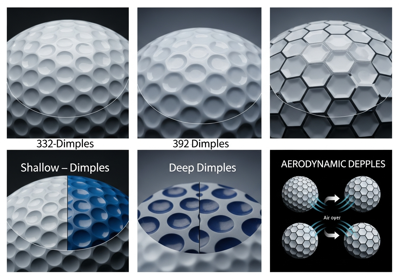Examples of different golf ball dimple patterns showing shallow and deep dimple designs and their effect on custom print appearance