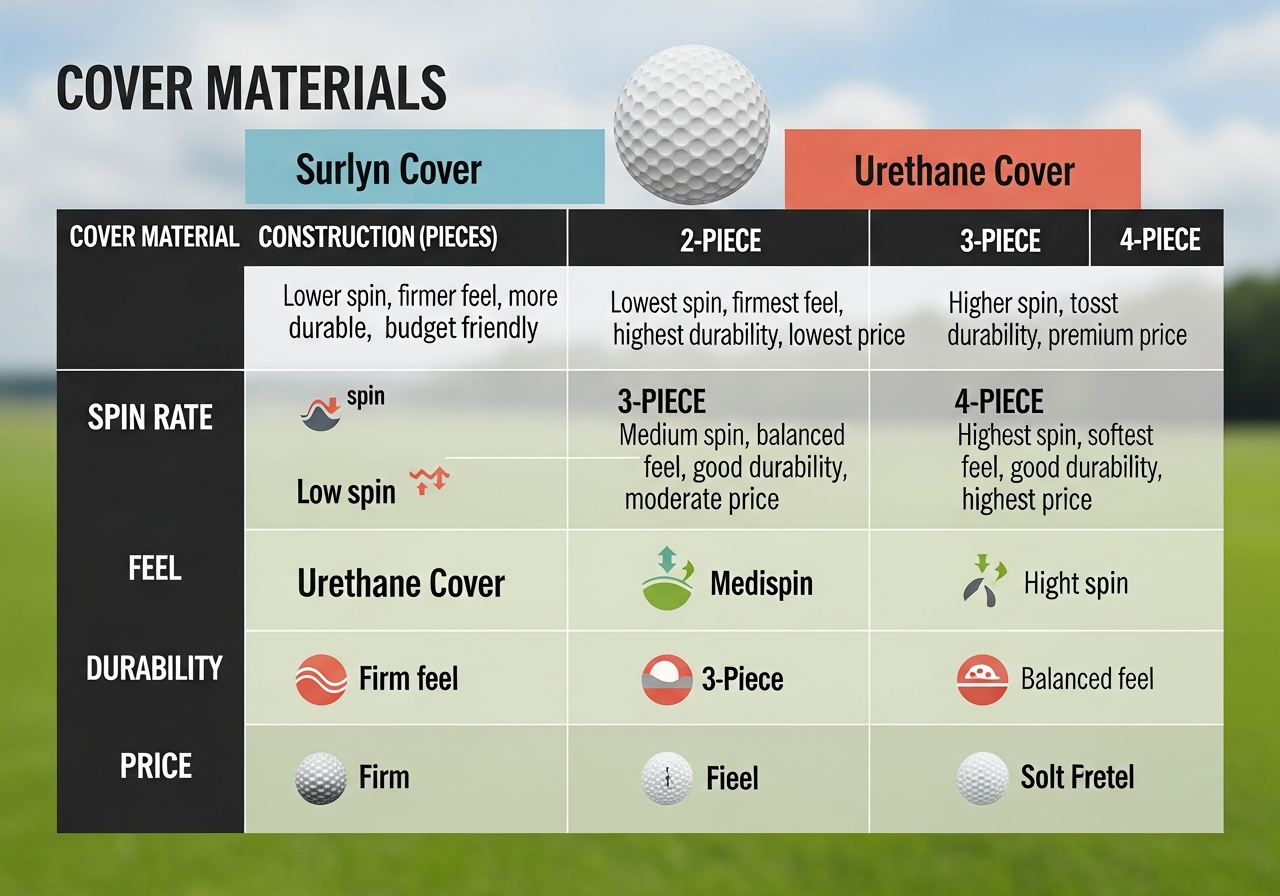 Performance comparison table showing surlyn versus urethane golf ball cover distance spin feel and compression metrics