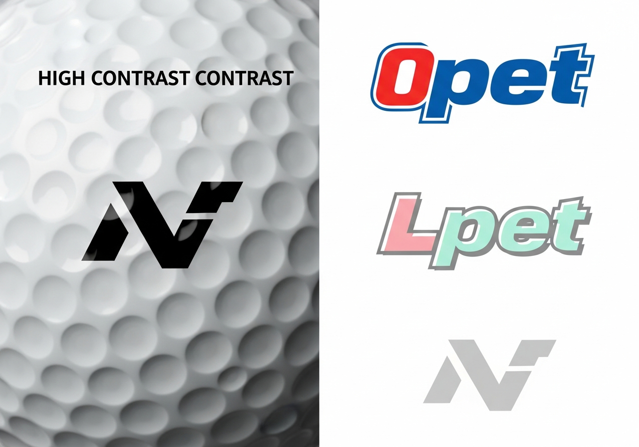 Color contrast examples on custom golf balls showing high and low contrast golf ball PMS color combinations