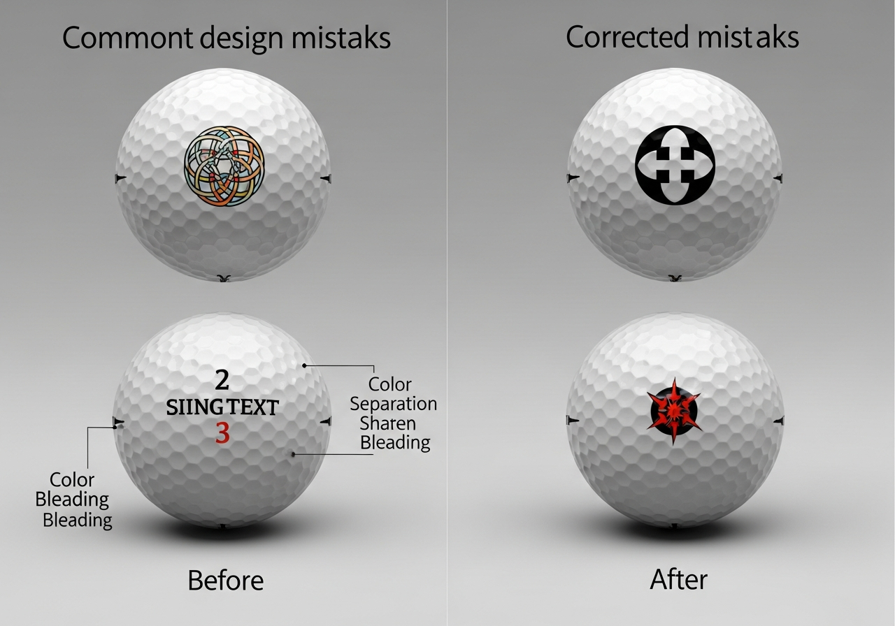Common golf ball design mistakes examples showing fine detail loss dimple interference and overcrowded layouts