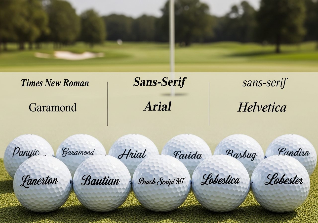 Font comparison on custom golf balls showing serif vs sans-serif golf ball readability at different sizes