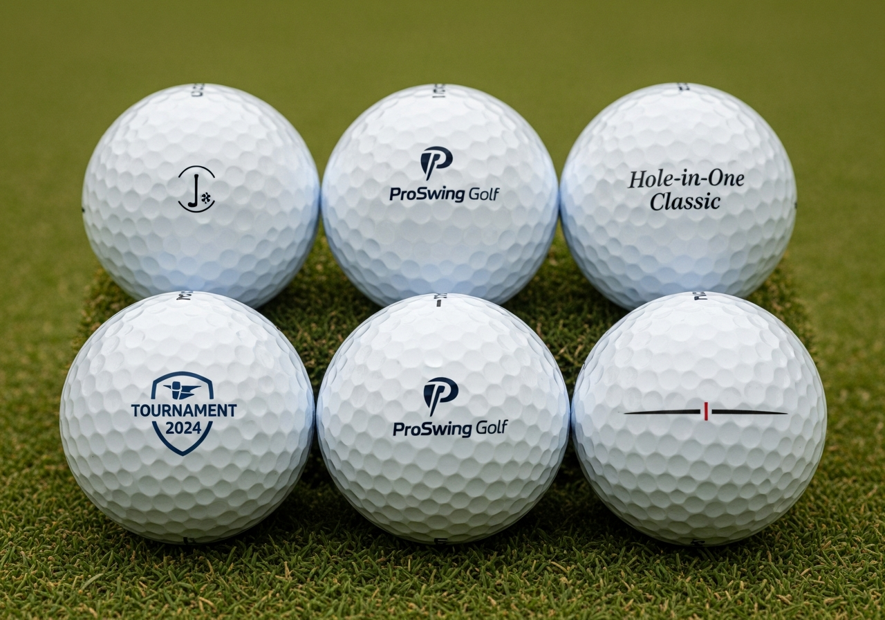 Logo and text layout options for custom golf ball design showing centered stacked and arc text arrangements