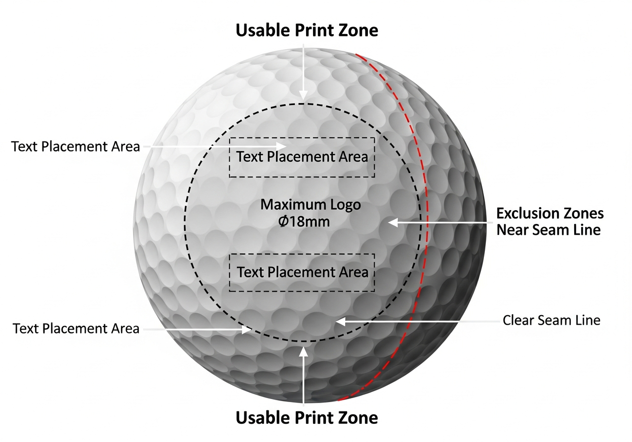 Golf ball print area diagram showing 25mm print diameter circle with logo sizing guidelines and dimple interference zones