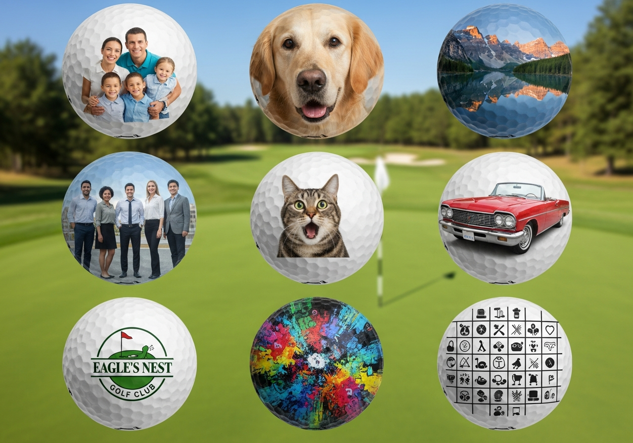 Grid showing best photo subjects for custom golf balls including face portraits pet photos landscapes funny candids and baby photos