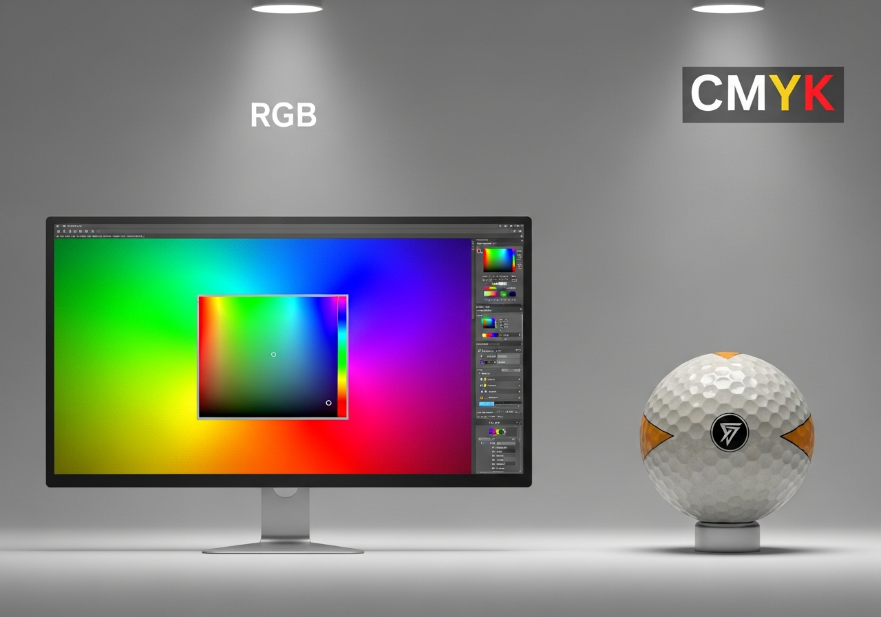 Side-by-side comparison showing RGB screen colors versus CMYK printed colors on custom photo golf balls with color saturation adjustment tips