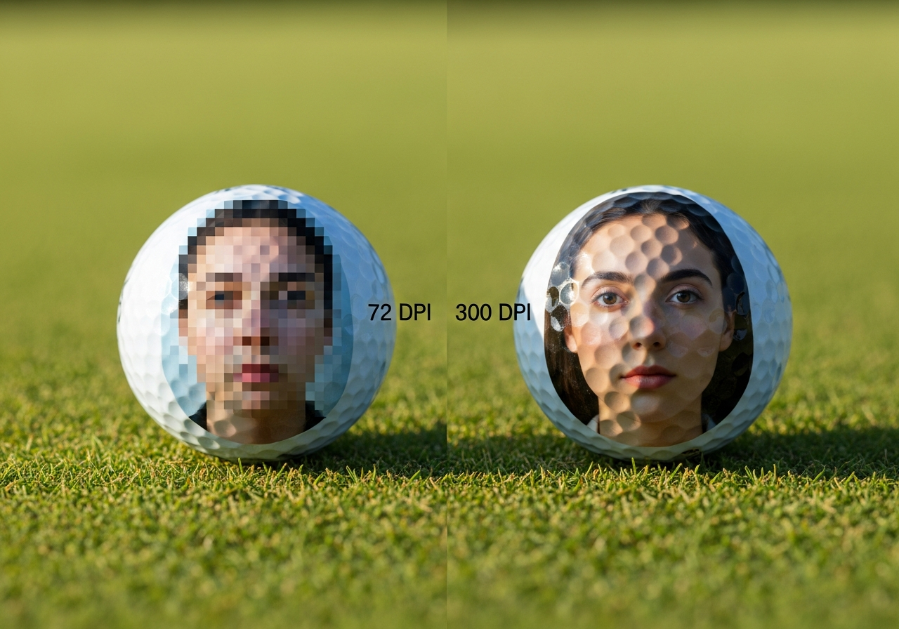 Resolution comparison showing 72 DPI versus 300 DPI versus 600 DPI photo quality on custom golf ball prints