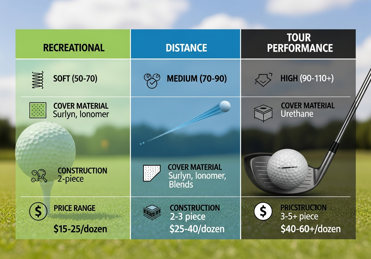 Custom golf ball quality tier comparison showing value mid-range and premium golf ball pricing and features
