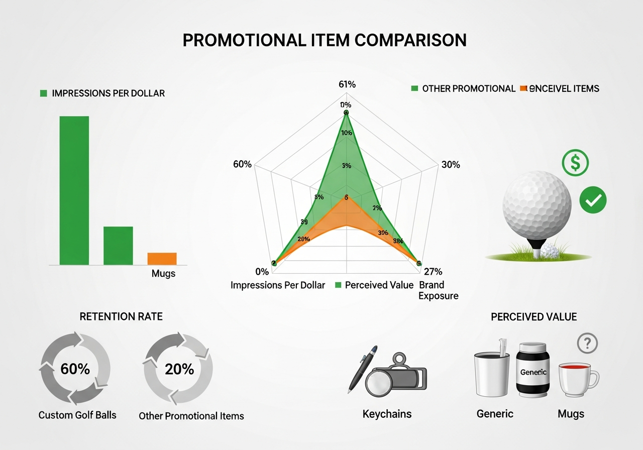 ROI comparison infographic showing custom golf ball cost per impression versus other promotional products