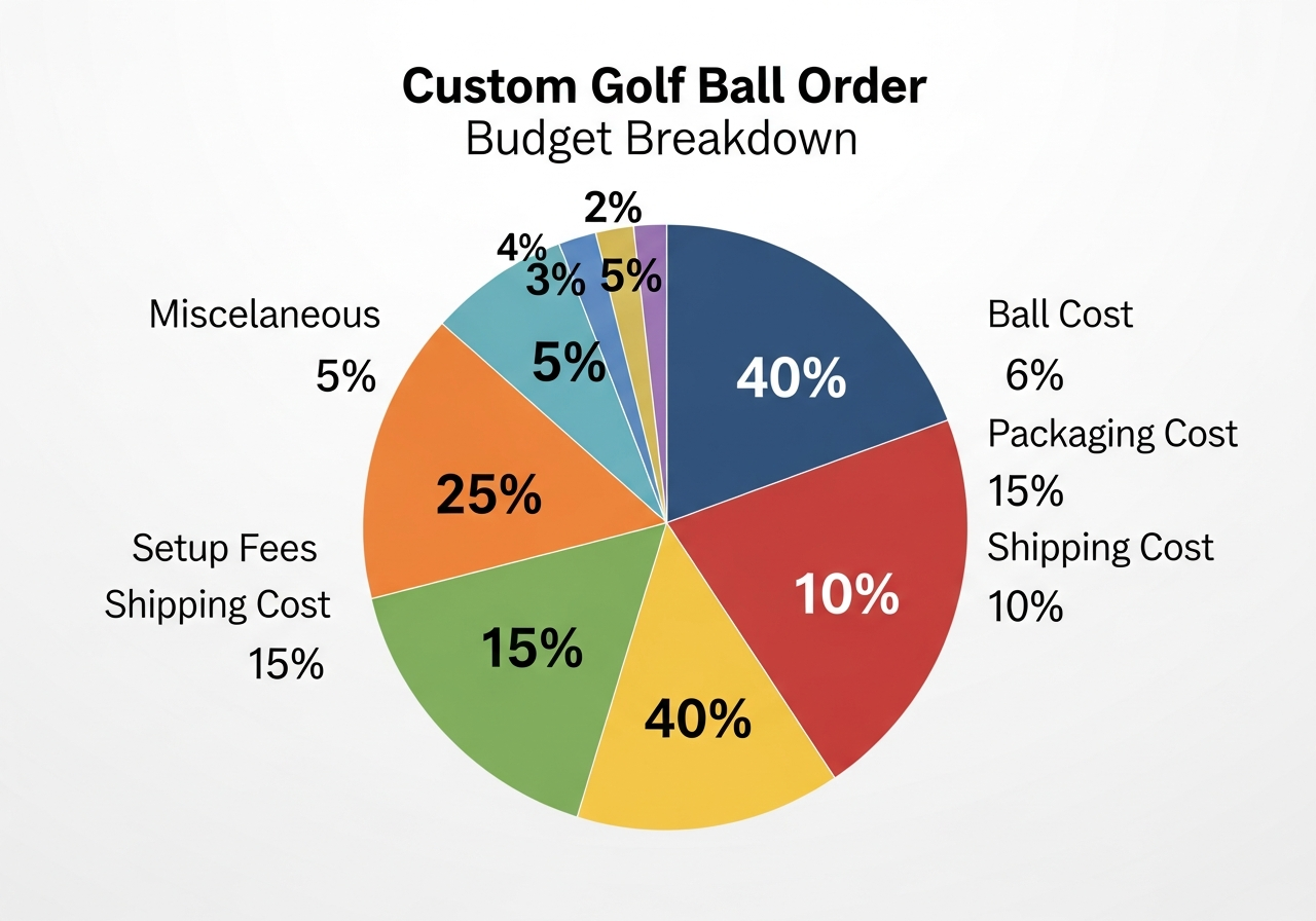 Sample budget breakdown infographic showing four custom golf ball order scenarios with itemized costs