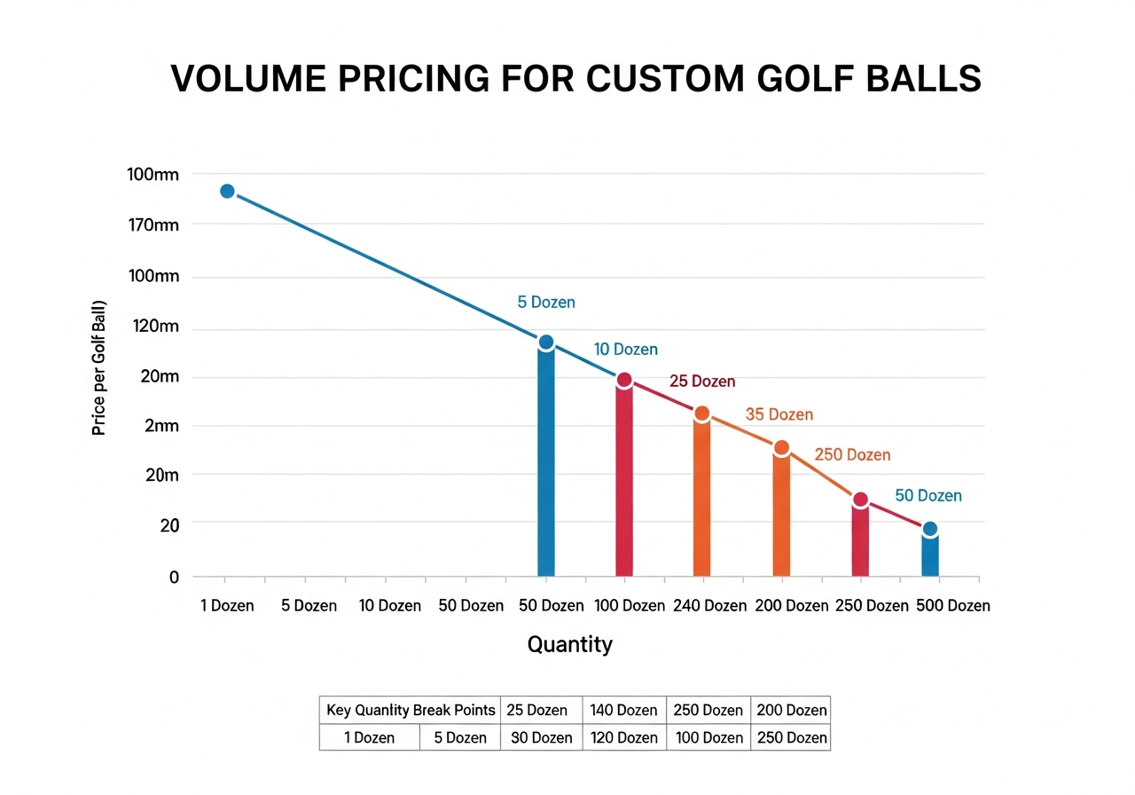 Volume pricing chart showing custom golf ball quantity pricing tiers and bulk golf ball discount percentages
