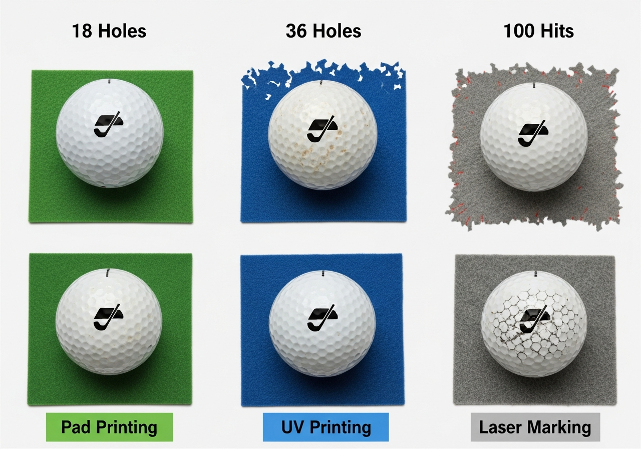 Durability comparison chart showing UV printing versus pad printing scuff resistance and longevity performance on custom golf balls