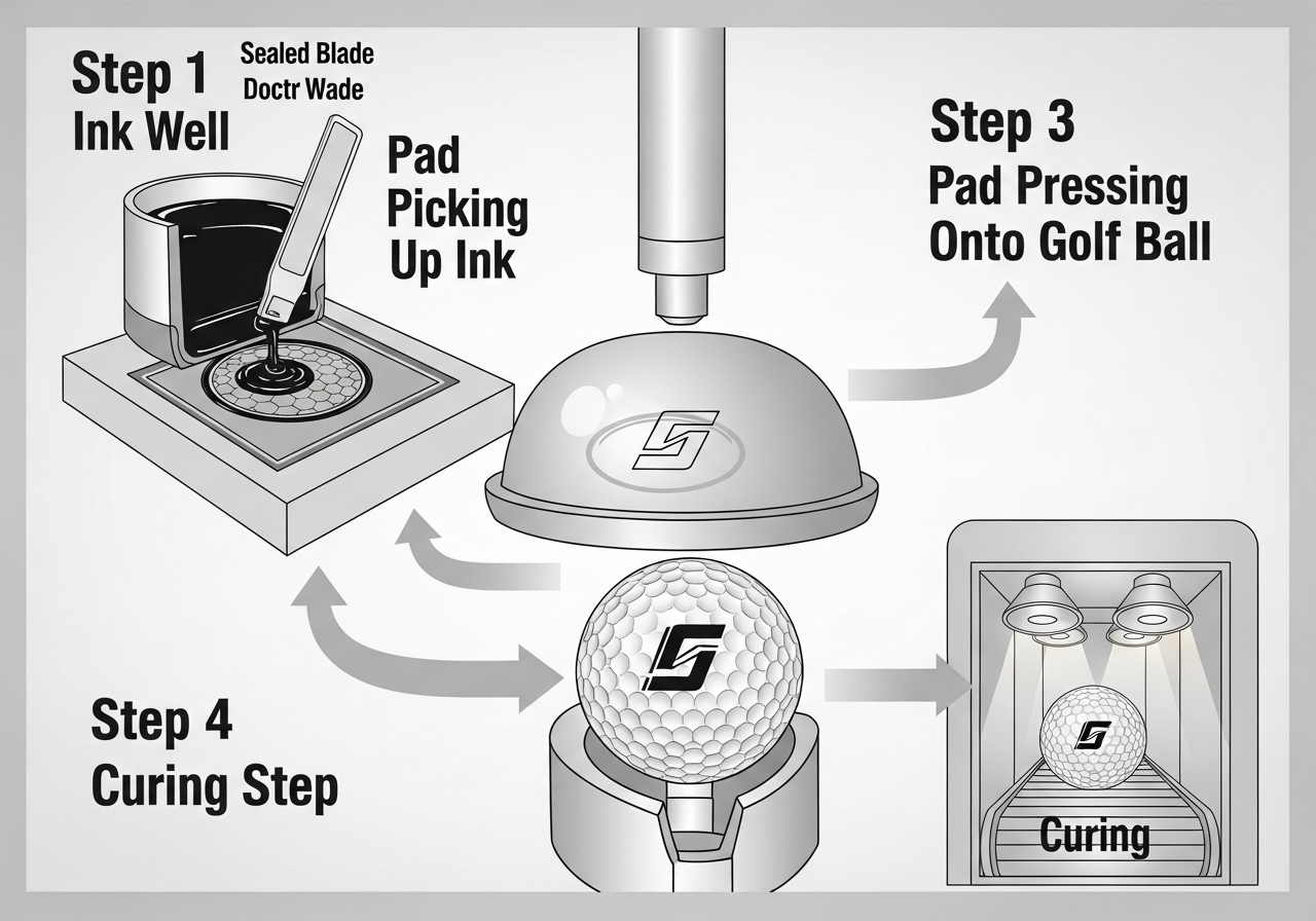 Pad printing process diagram showing cliché plate silicone transfer pad and ink application on golf ball surface