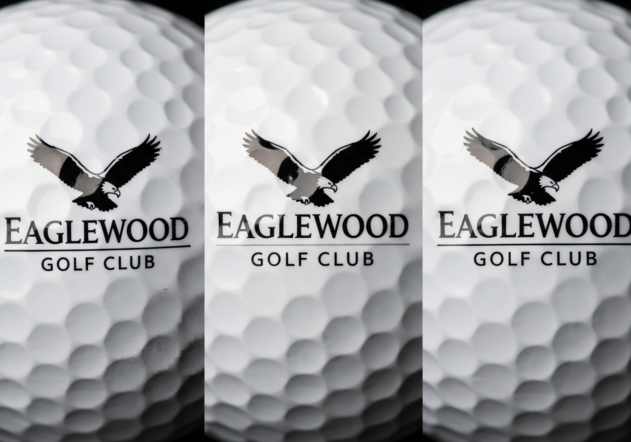 Side-by-side print detail resolution examples comparing UV and pad printing quality on custom golf balls with fine text and logo details