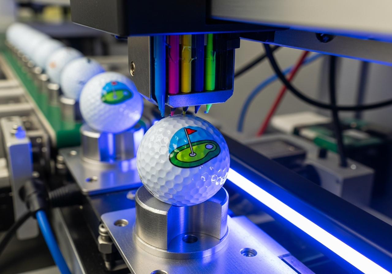UV printing process diagram showing digital inkjet head applying CMYK ink with UV LED curing on custom golf ball in precision jig