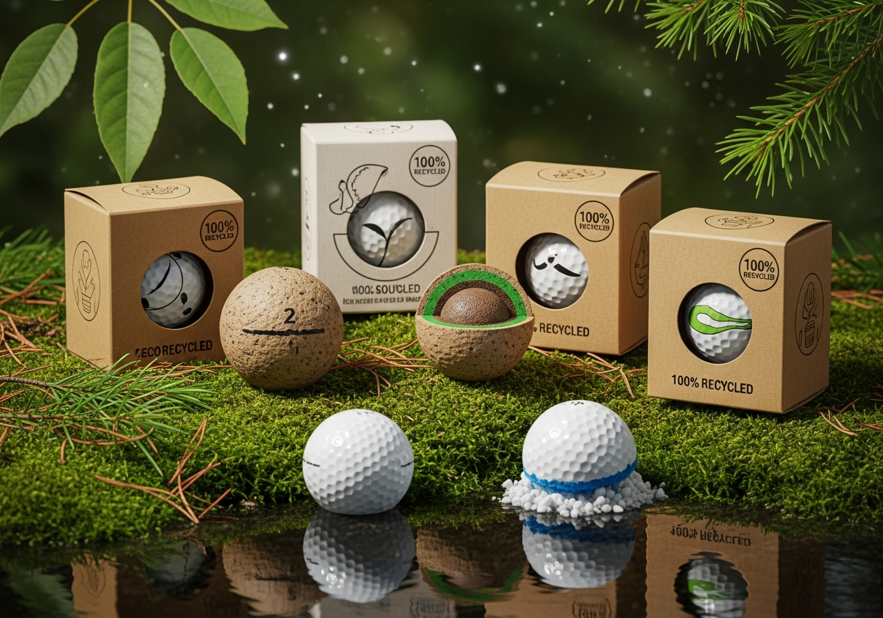 Eco-friendly sustainable golf ball materials showing biodegradable recycled and sustainable golf ball innovations