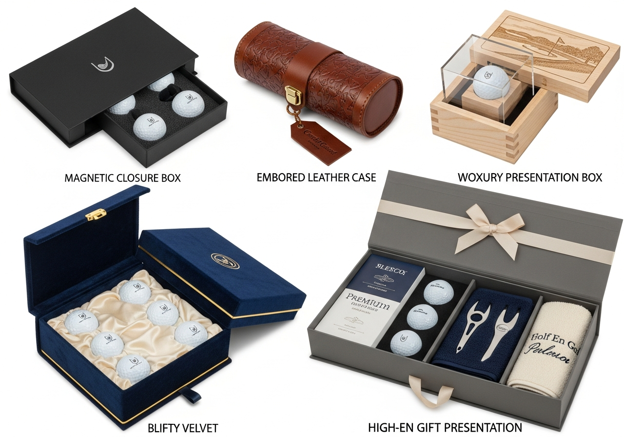 Premium golf ball packaging trends 2026 showing luxury gift boxes subscription boxes and unboxing experiences