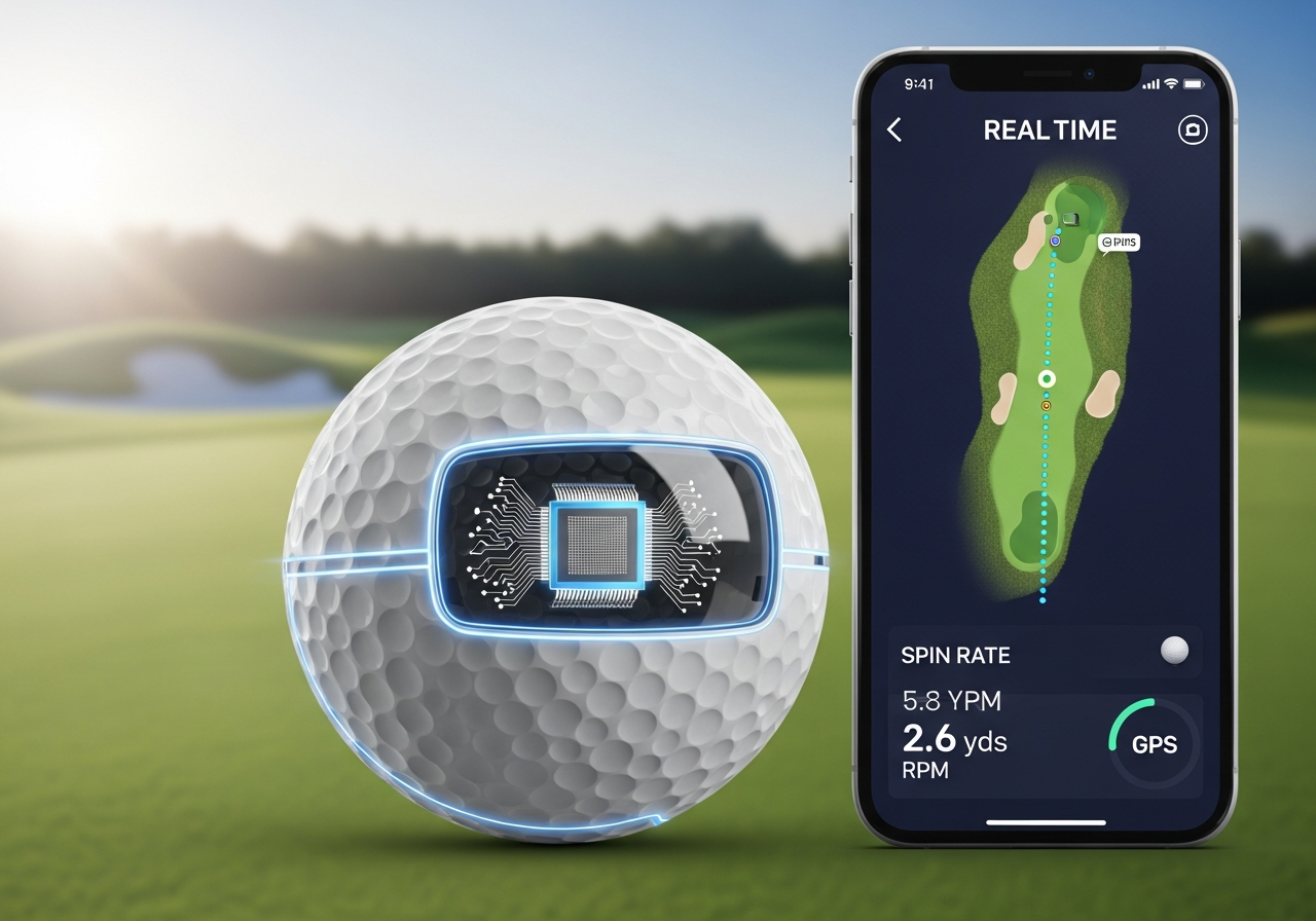 Tech-integrated custom golf balls showing QR code NFC chip GPS tracking and smart golf ball features