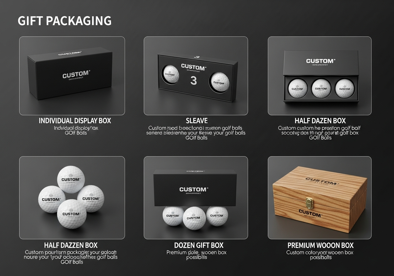 Custom golf ball gift packaging options showing presentation cases custom boxes and display stands