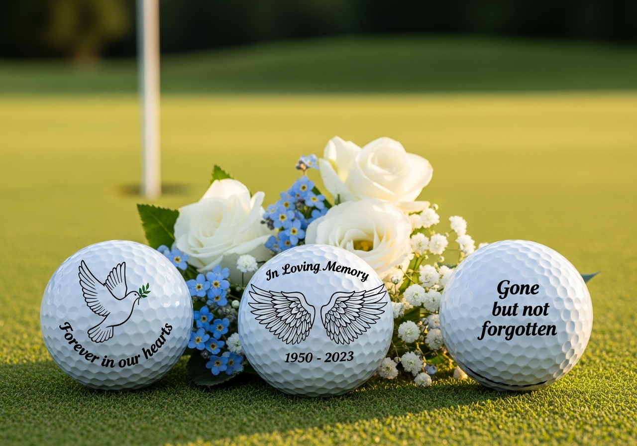 Memorial and tribute custom golf balls showing remembrance designs with names dates and honor graphics