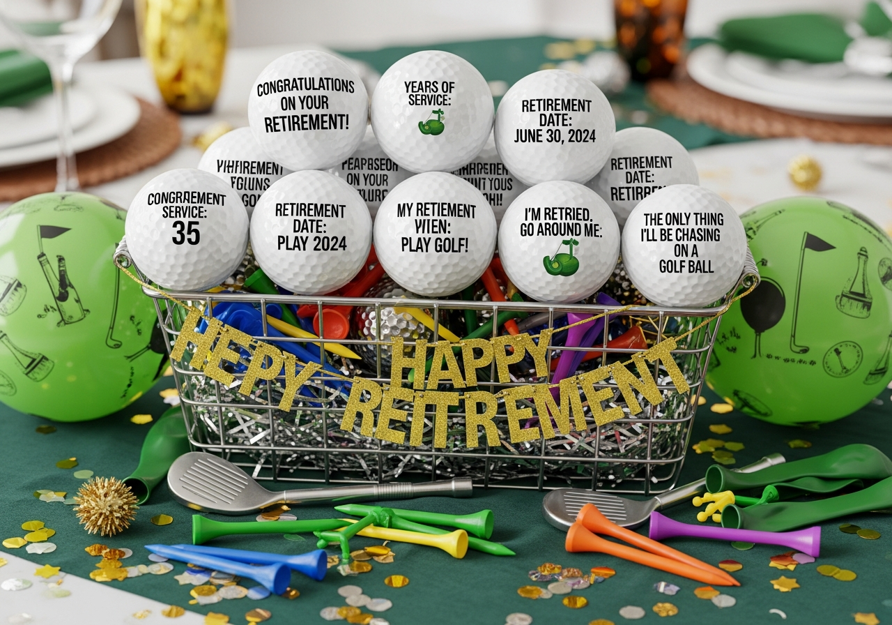 Retirement celebration golf ball ideas showing career milestone personalized retirement and funny retirement golf ball designs