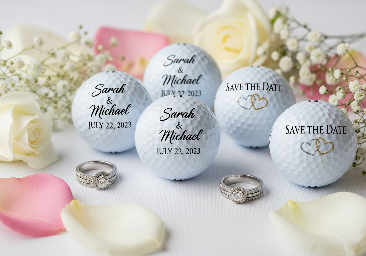 Wedding golf ball ideas showing bride and groom golf balls groomsmen gifts and monogram wedding golf ball designs