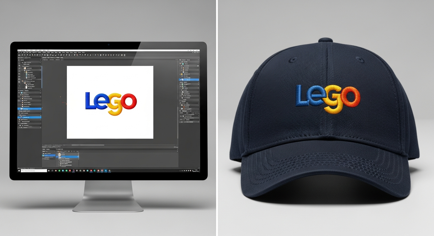 Side by side comparison of original vector logo and digitized embroidery stitch file for custom hat