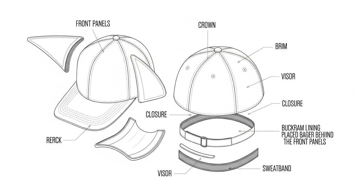 Custom hat anatomy diagram showing front panels crown brim and closure components