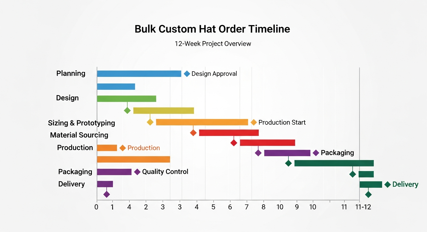 Gantt chart showing custom hat bulk ordering timeline from planning through delivery over 12 weeks