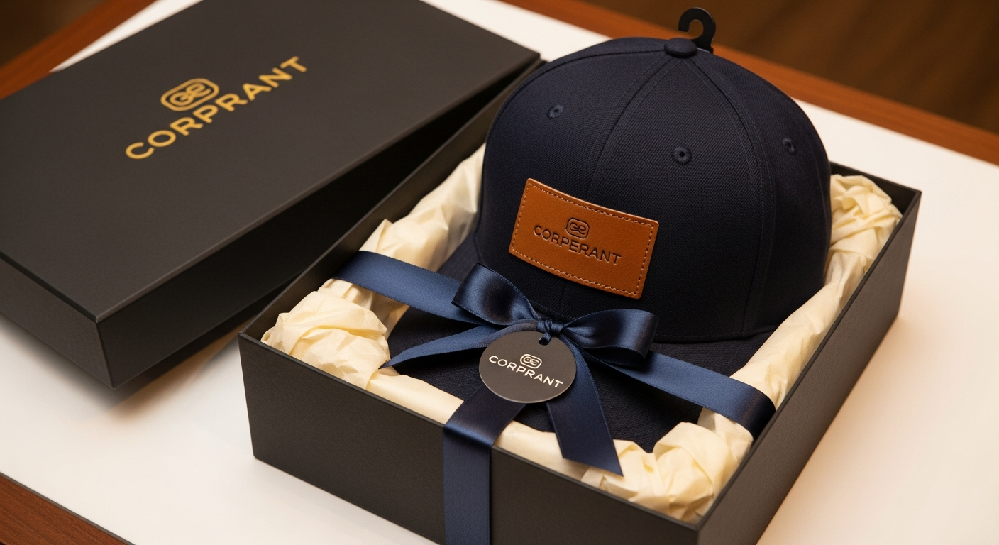 Premium custom hat with leather patch in gift box with tissue paper for corporate client gift program