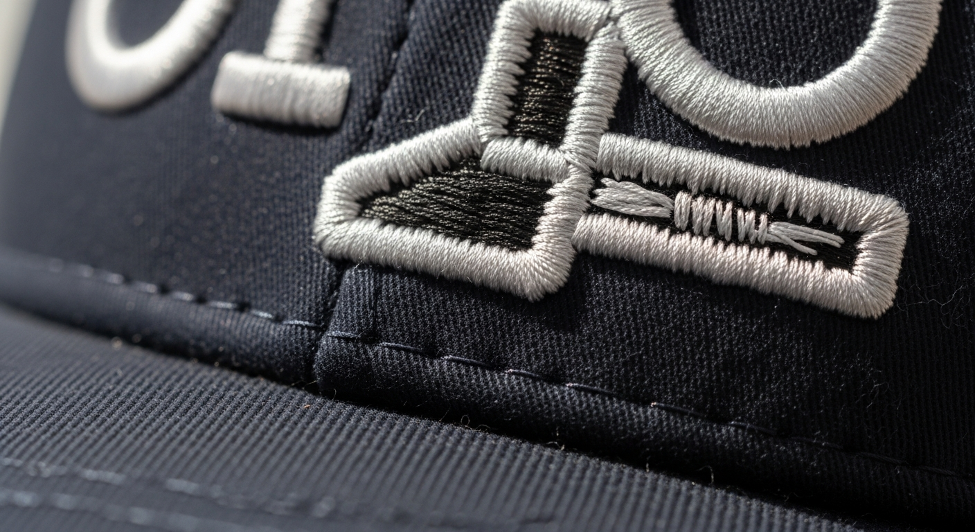 Close up of flat embroidery stitching on a structured baseball cap showing satin and fill stitch detail