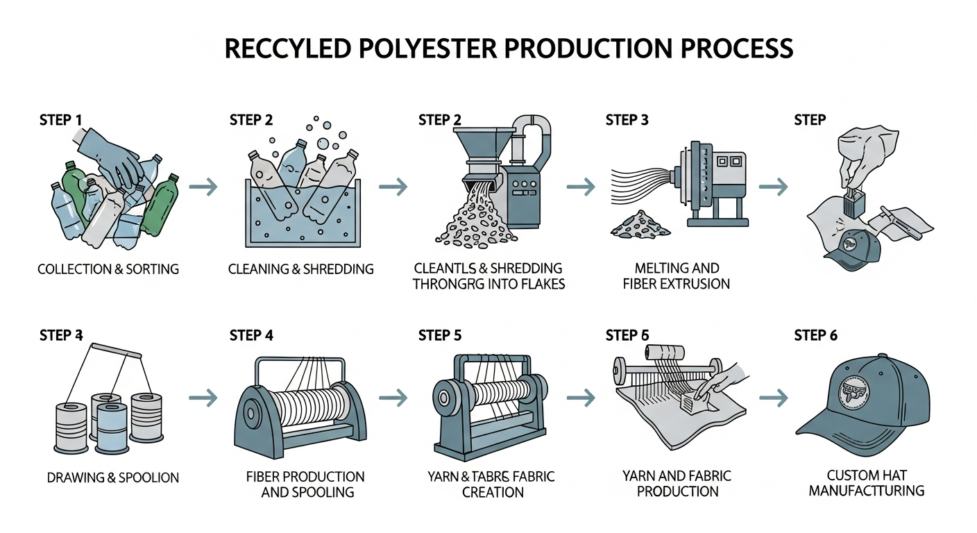 Infographic showing the recycled polyester production process from plastic bottles to custom hat fabric