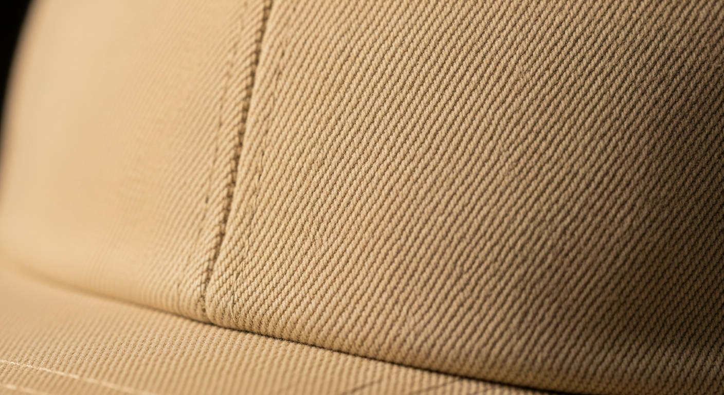Close up of cotton twill weave pattern on a structured baseball cap showing diagonal rib texture