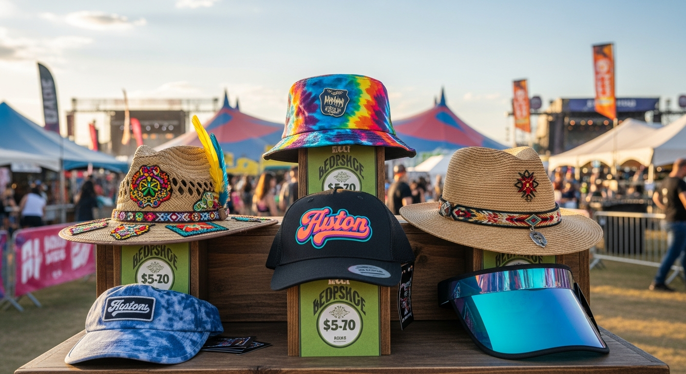 Festival merchandise display showing five custom hat designs arranged on a tiered display with pricing