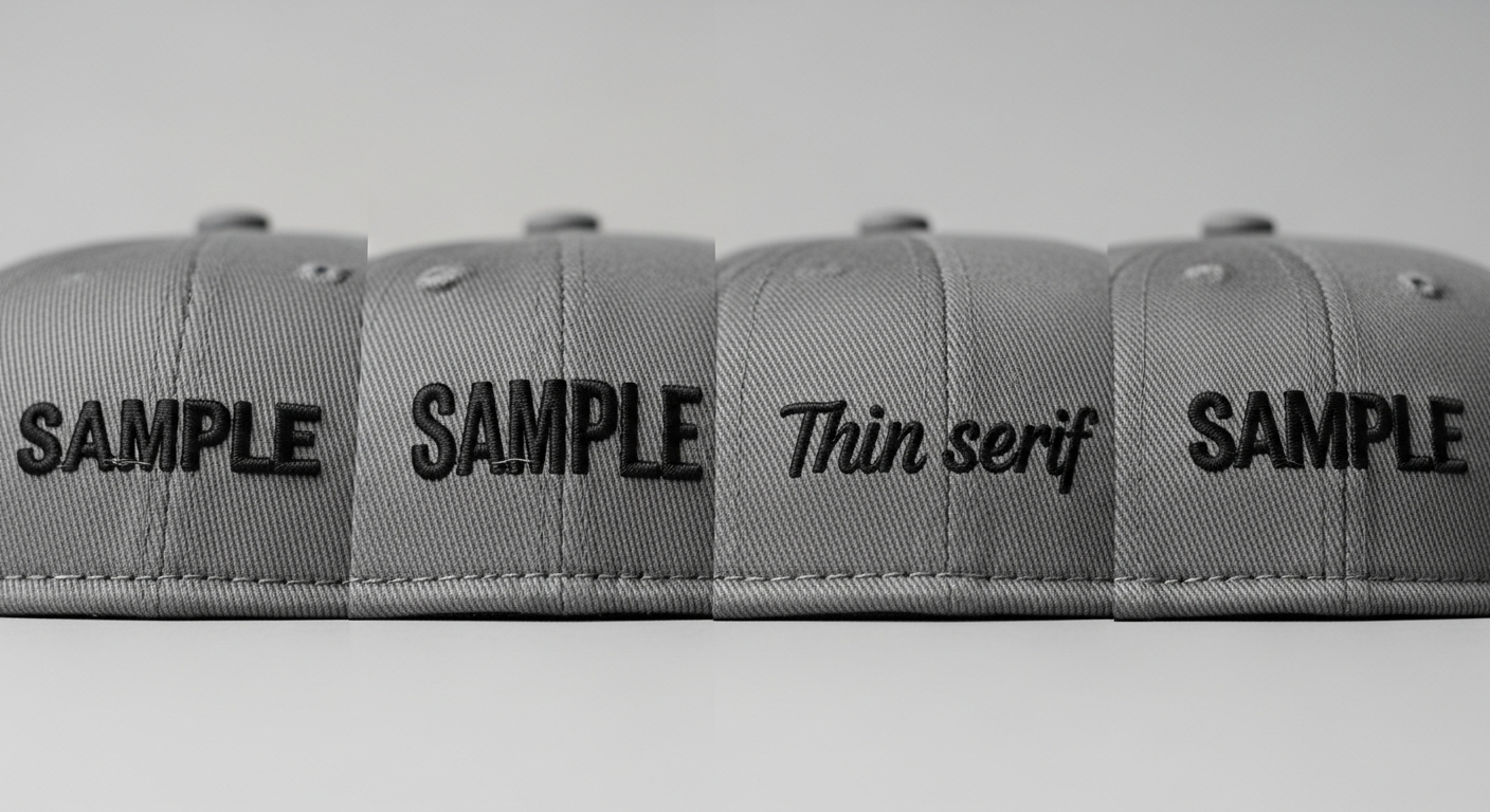 Side by side comparison of six fonts embroidered on custom hats showing legibility at different sizes