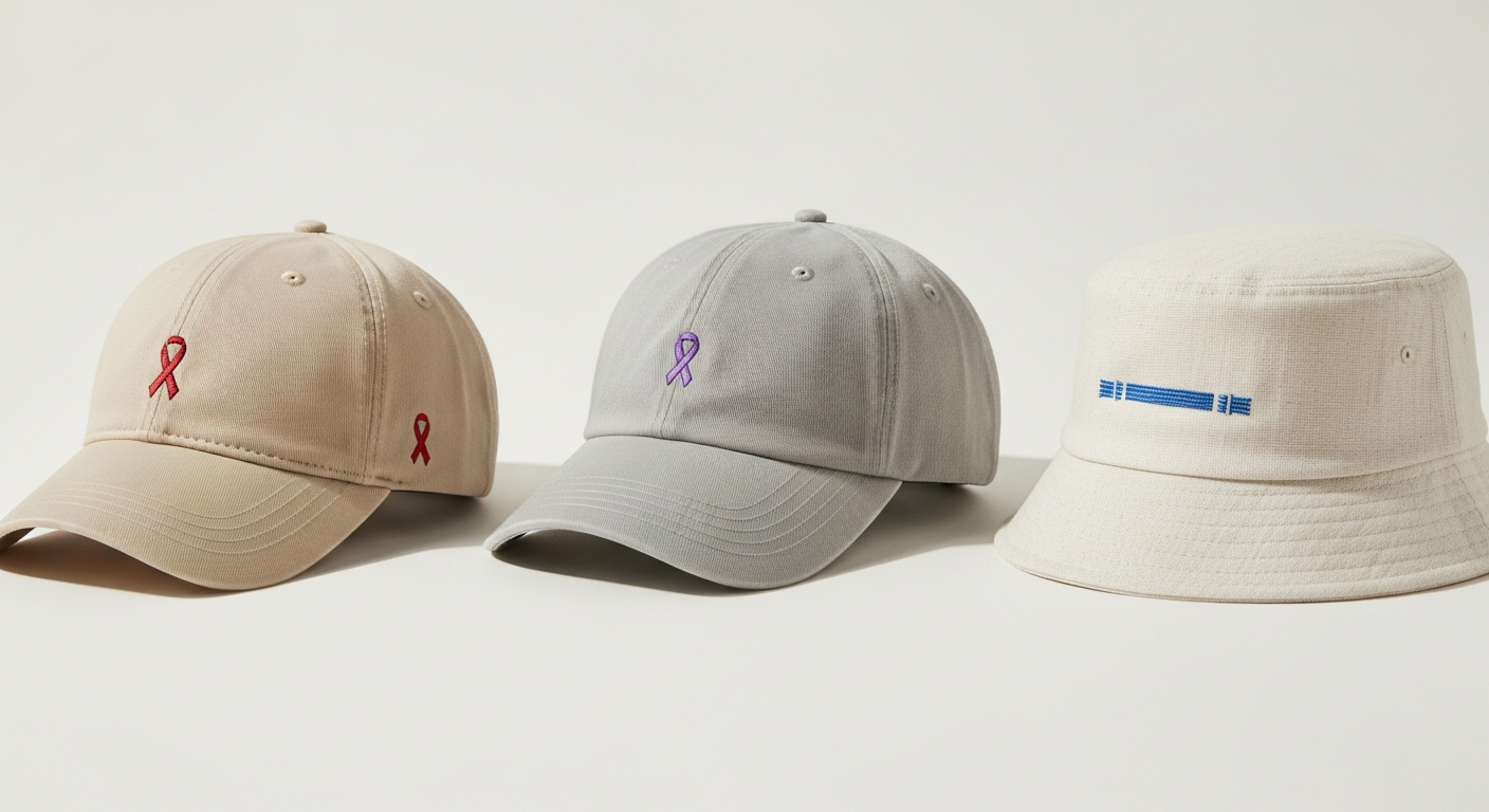 Three fundraiser custom hat designs showing subtle cause integration with everyday wearability