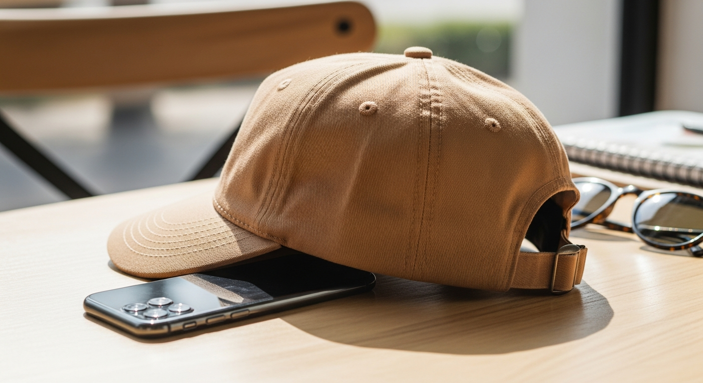 Unstructured dad hat with relaxed crown pre-curved brim and adjustable strapback closure