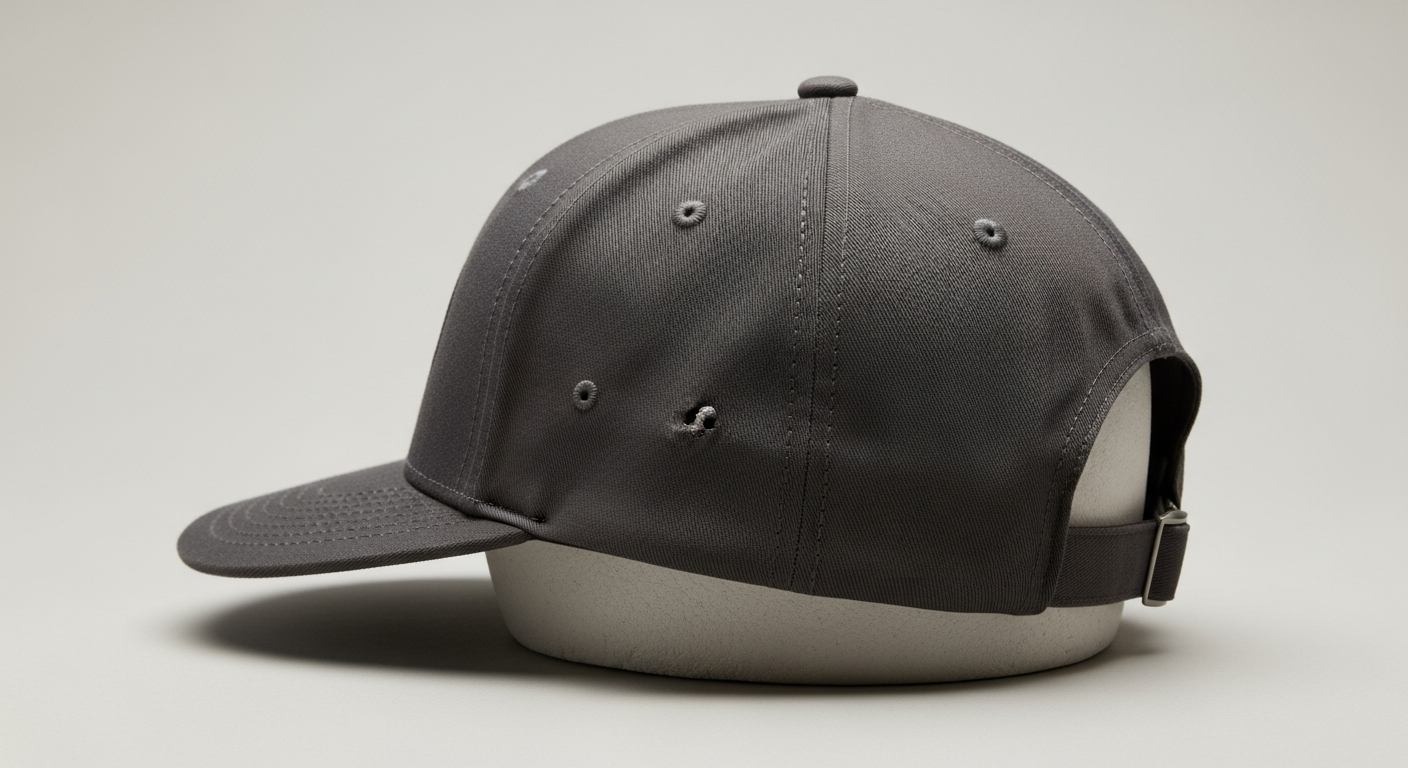 Structured six panel baseball cap with buckram front showing mid profile crown and pre-curved brim