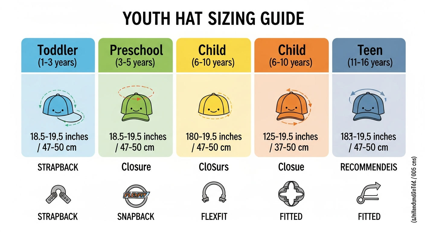 Youth hat sizing chart showing head circumference by age group with recommended closure types