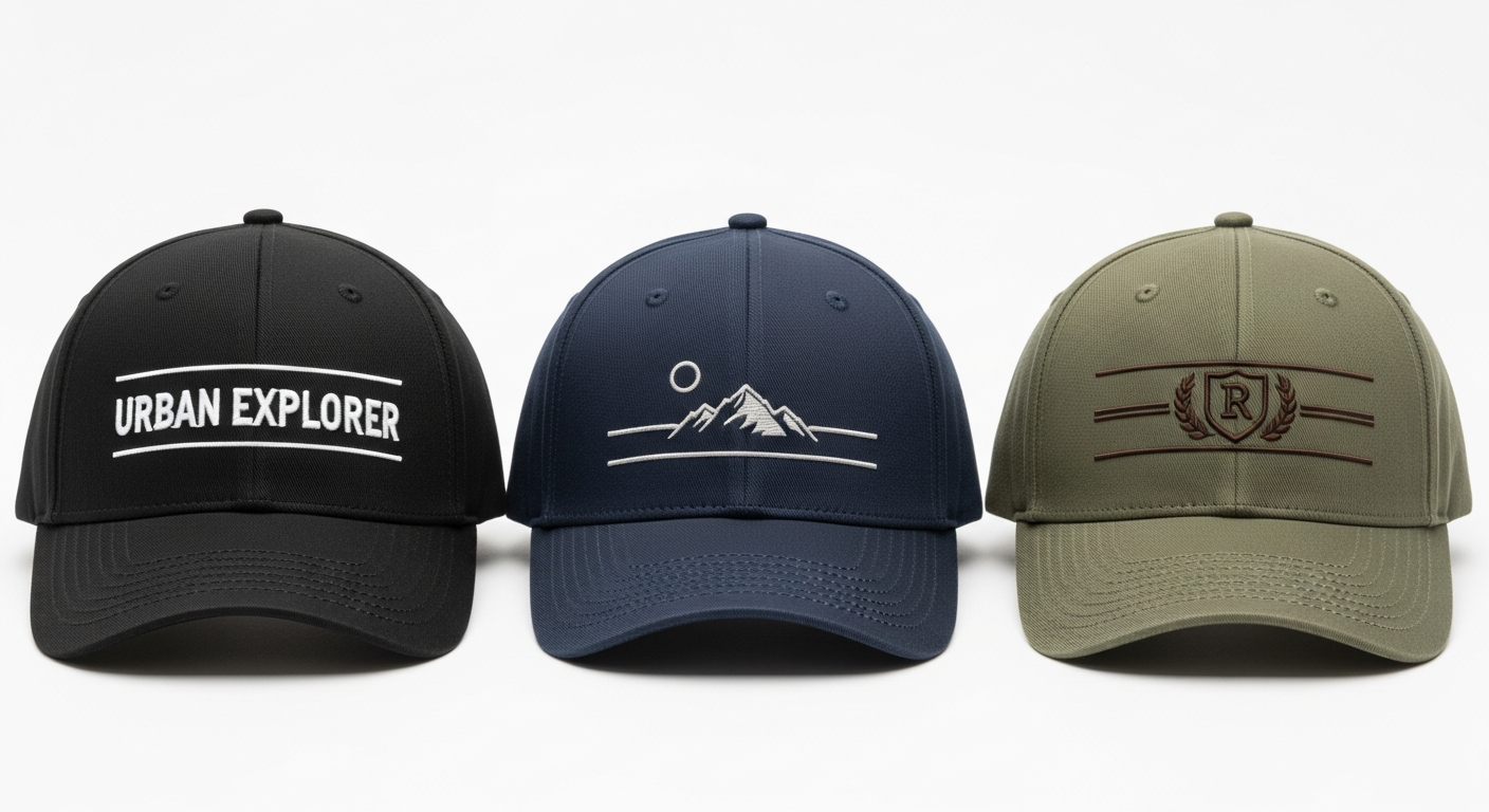 Three custom hats showing front center logo placement with horizontal logos of different widths