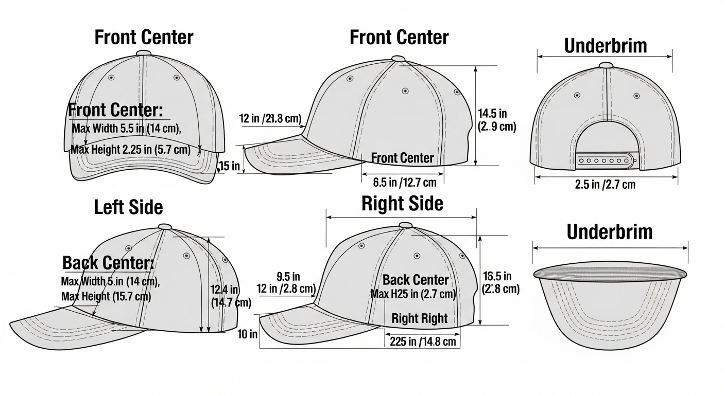 Diagram showing all custom hat embroidery positions with dimensions for front side back and underbrim