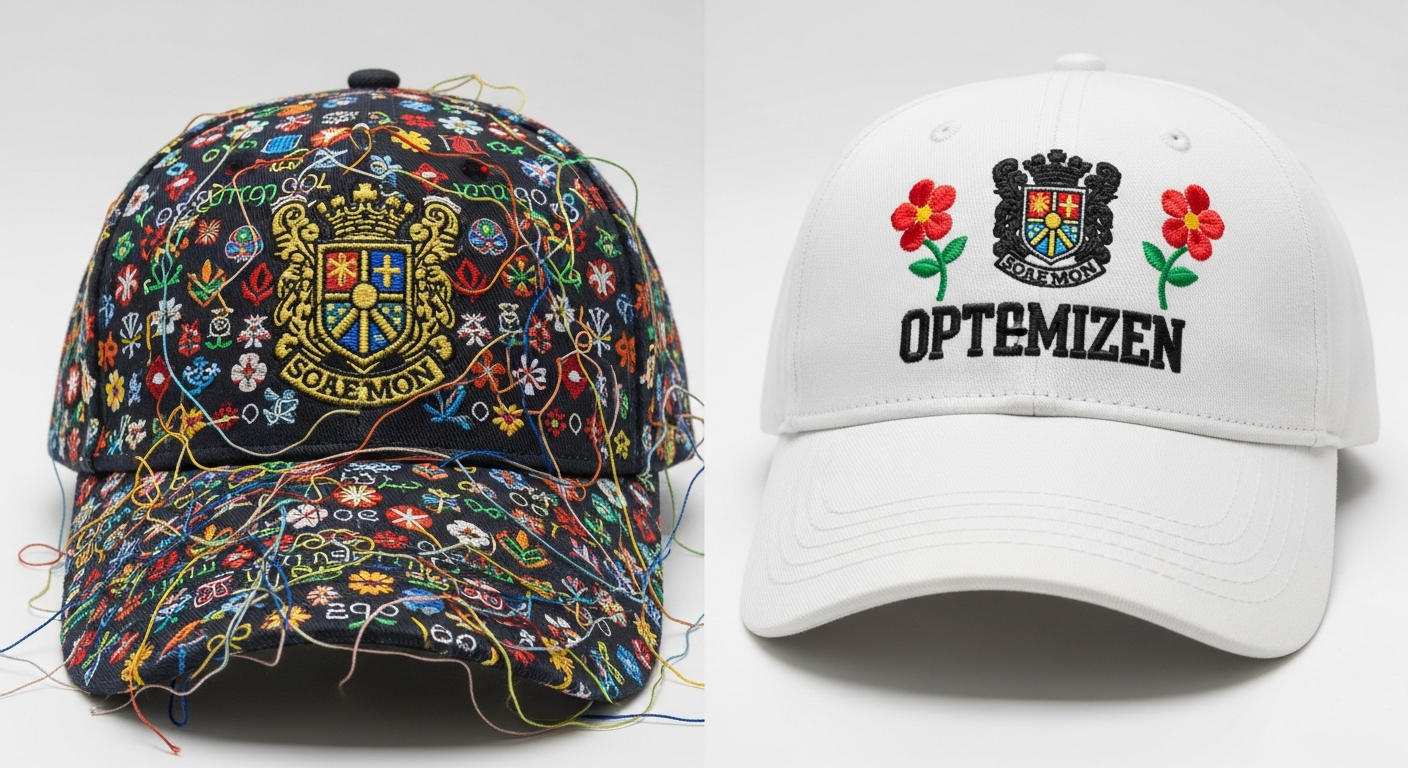 Before and after showing overly complex hat design simplified for embroidery with improved clarity