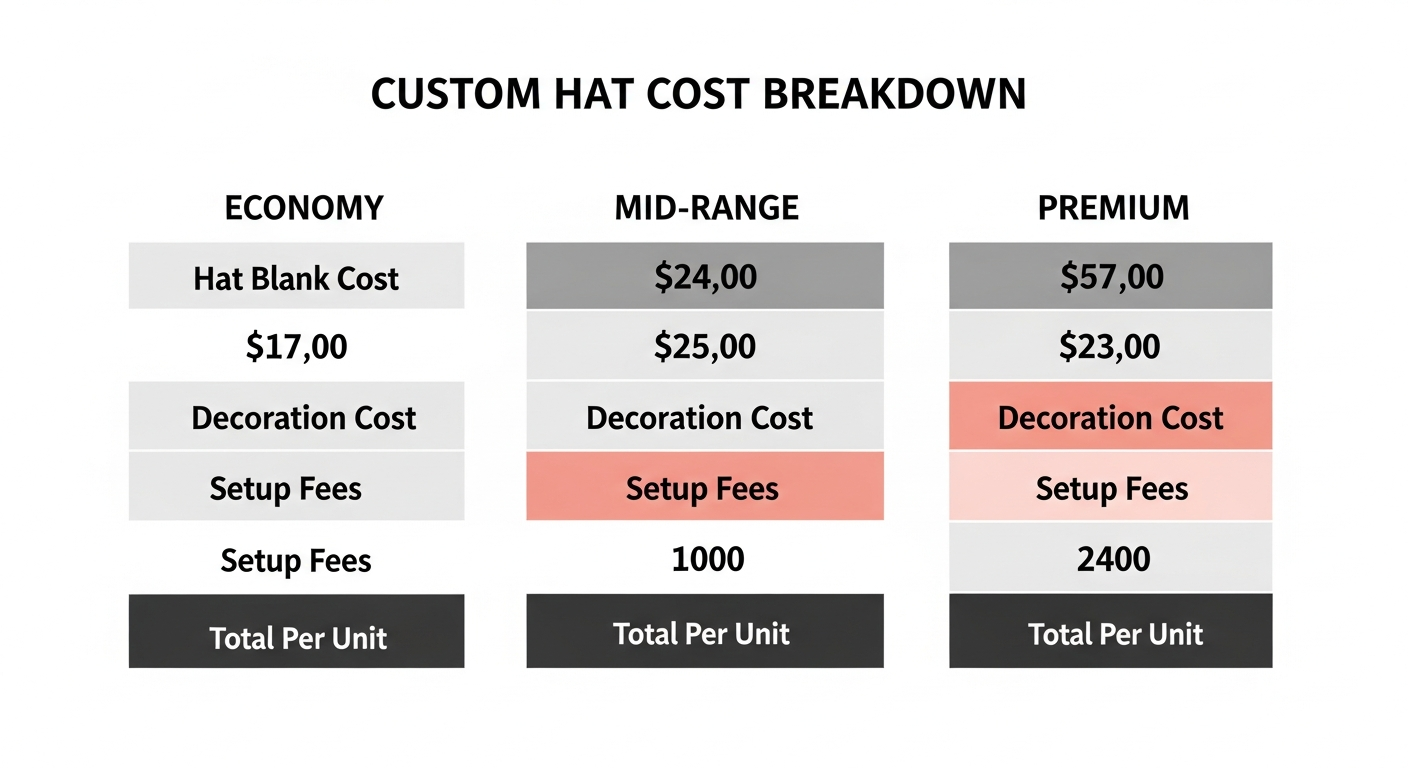 Cost breakdown chart showing hat blank decoration setup and total per unit pricing across quality tiers