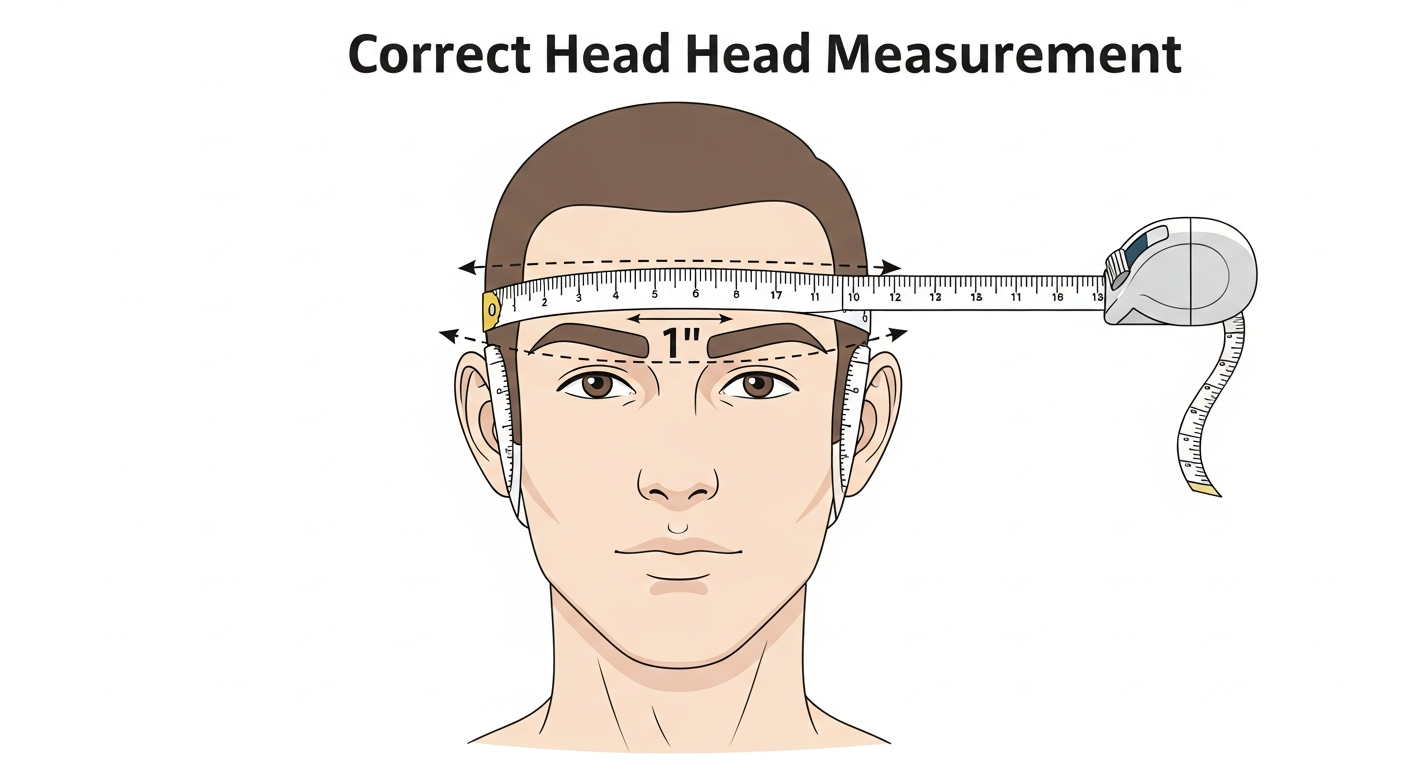 Diagram showing correct measuring tape placement around head one inch above eyebrows for hat sizing