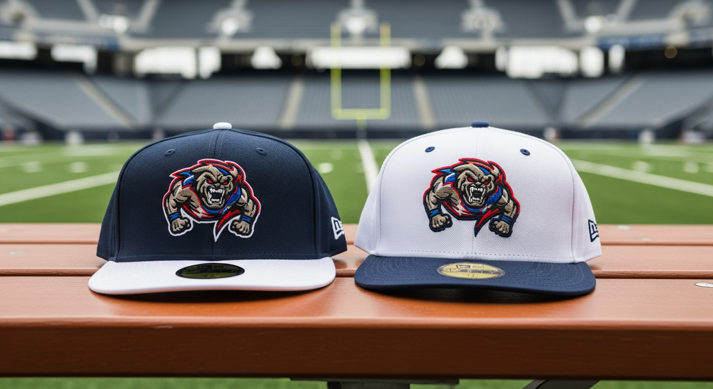 Sports team custom hats showing home and away color variations with mascot embroidery