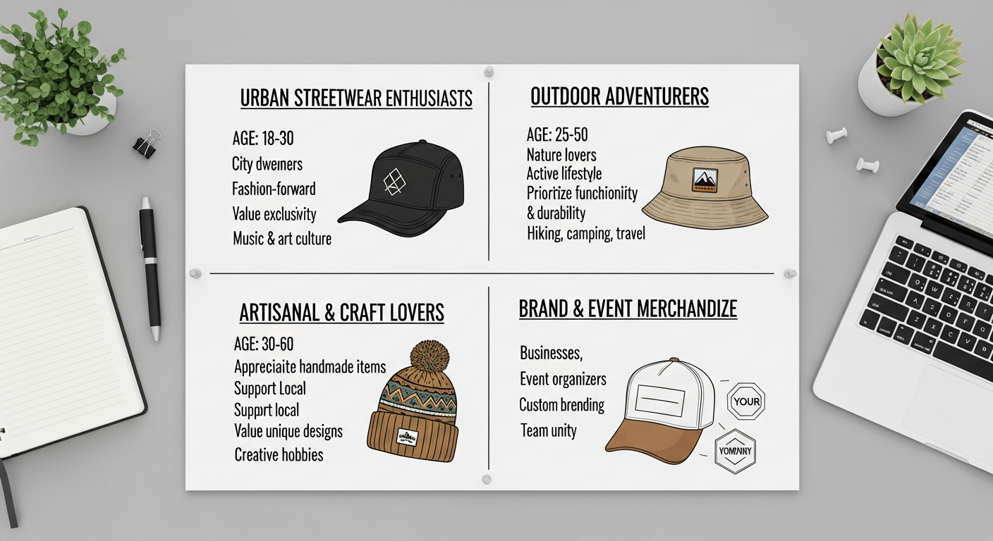 Market research framework showing four custom hat niches with target audience and design approach for each