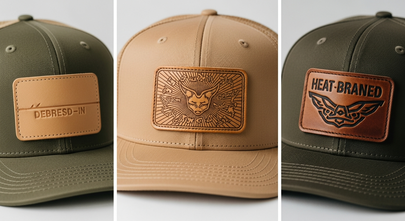 Three custom hats showcasing 2026 leather patch trend with debossed laser engraved and heat branded designs