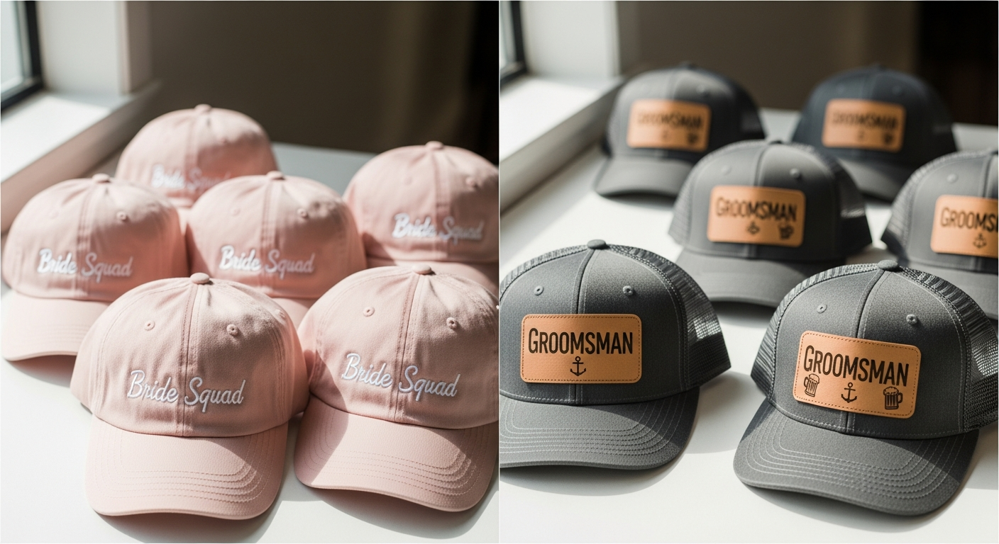Custom bachelorette dad hats in blush pink with bride squad embroidery next to groomsmen trucker hats